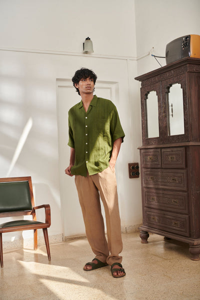 Safari Linen Men's Pleated Camp Collar Shirt