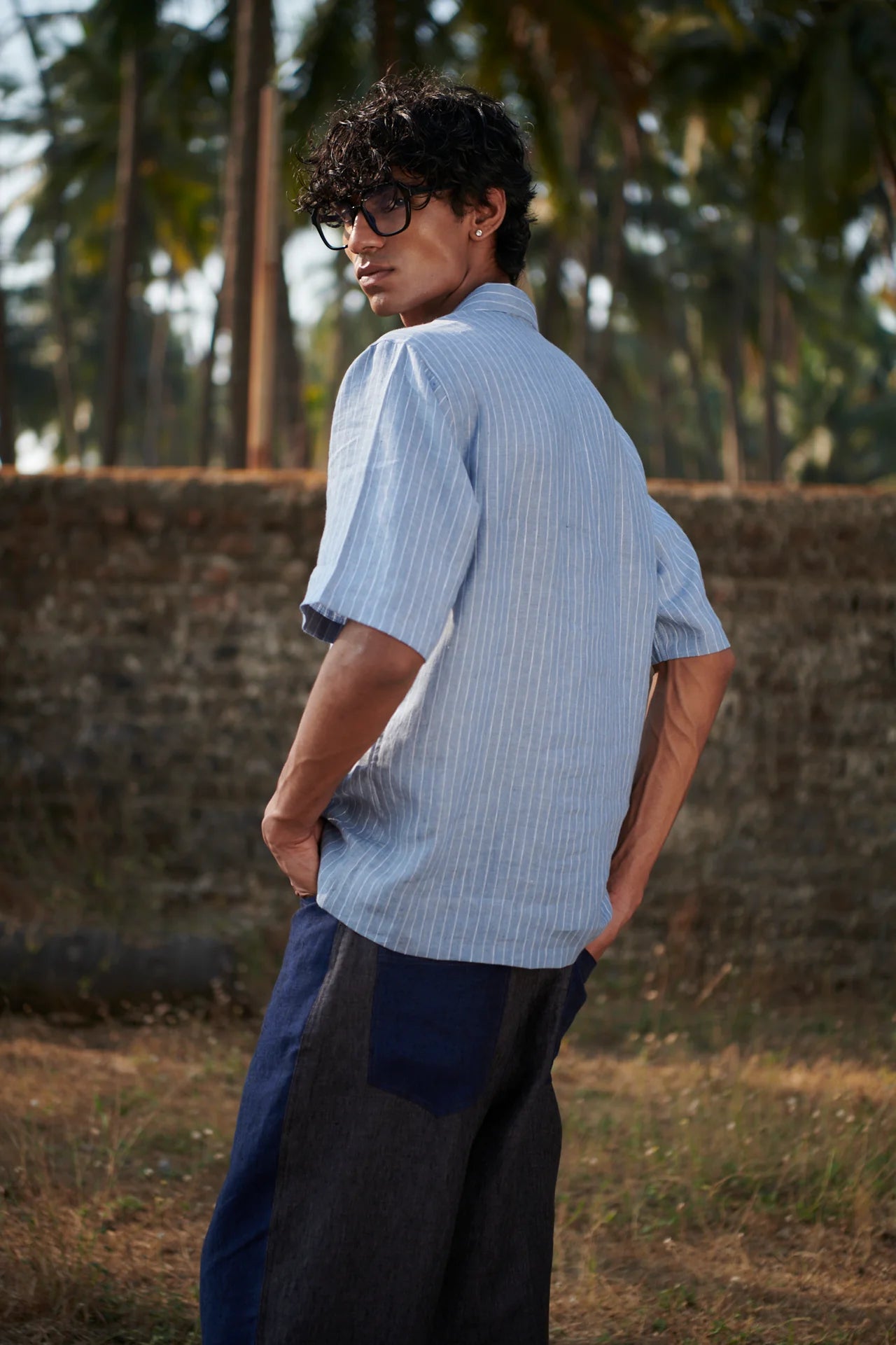 Sky Pinstripe Linen Men's Popover Shirt
