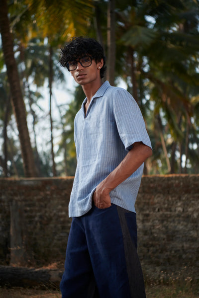 Sky Pinstripe Linen Men's Popover Shirt