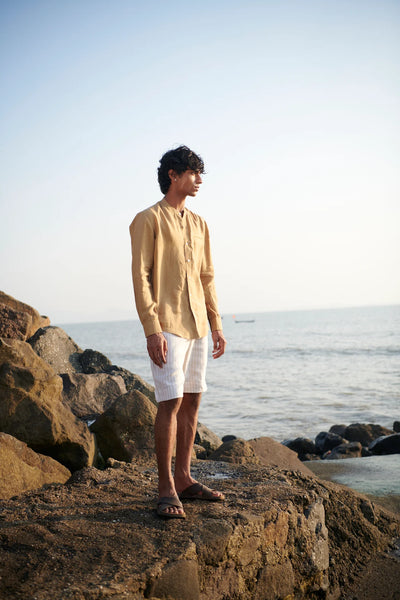 Husk Linen Men's Band Collar Shirt - Slim Fit