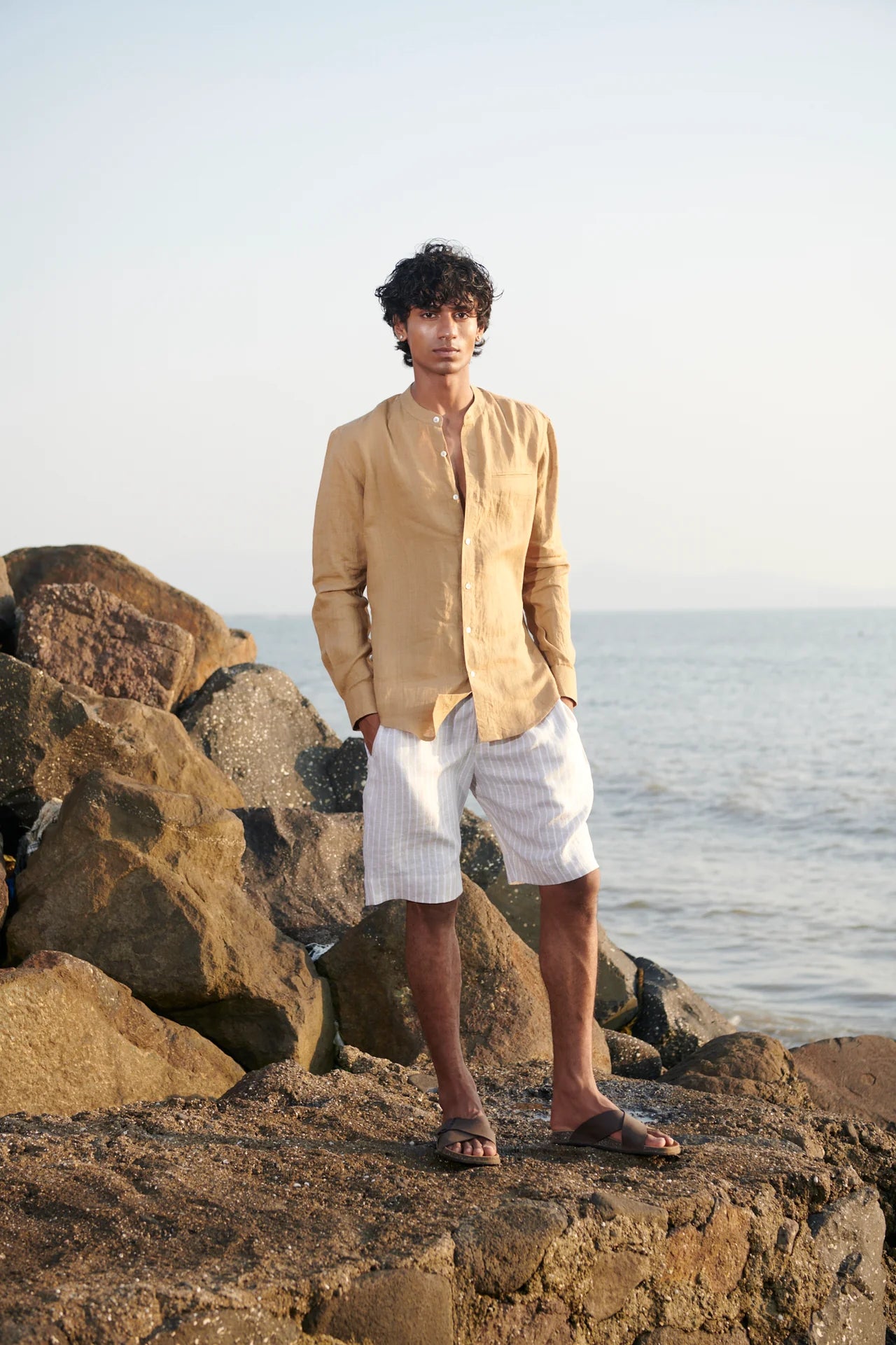 Husk Linen Men's Band Collar Shirt - Slim Fit