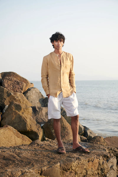 Husk Linen Men's Band Collar Shirt - Slim Fit