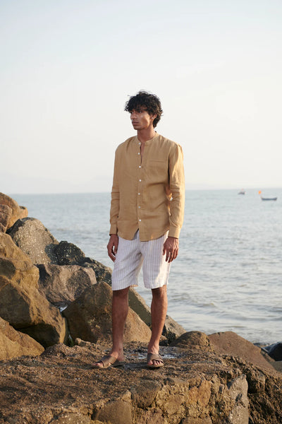 Husk Linen Men's Band Collar Shirt - Slim Fit