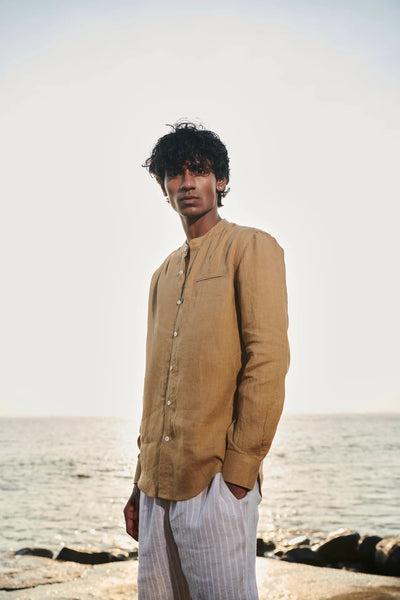 Husk Linen Men's Band Collar Shirt - Slim Fit