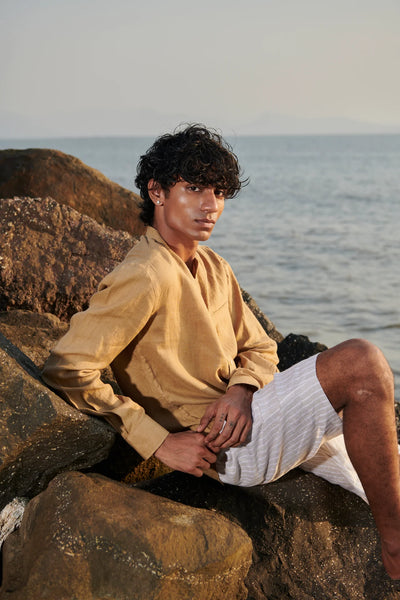 Husk Linen Men's Band Collar Shirt - Slim Fit