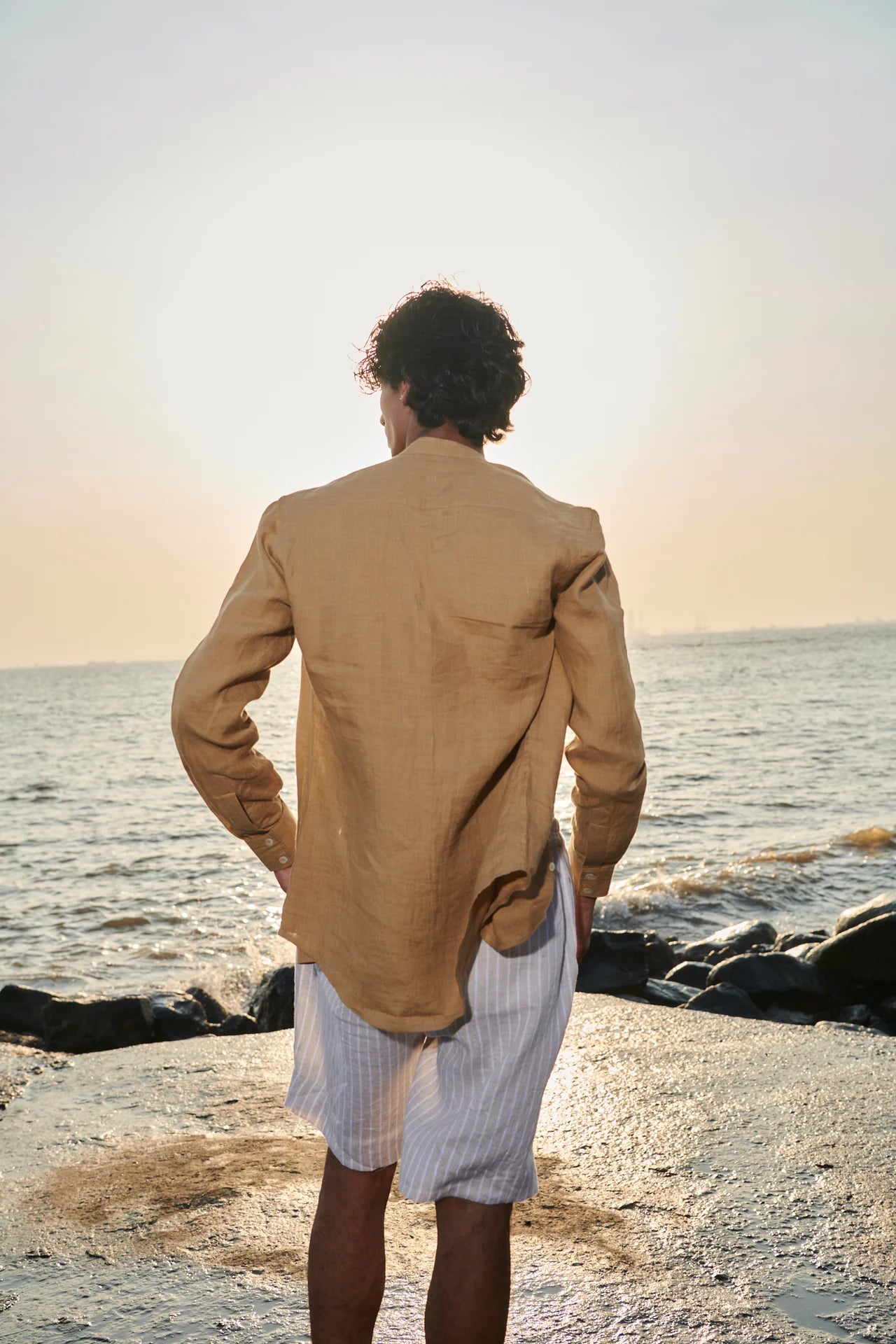 Husk Linen Men's Band Collar Shirt - Slim Fit