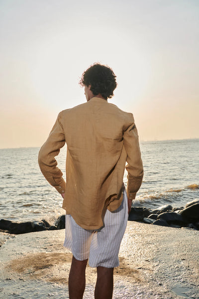 Husk Linen Men's Band Collar Shirt - Slim Fit