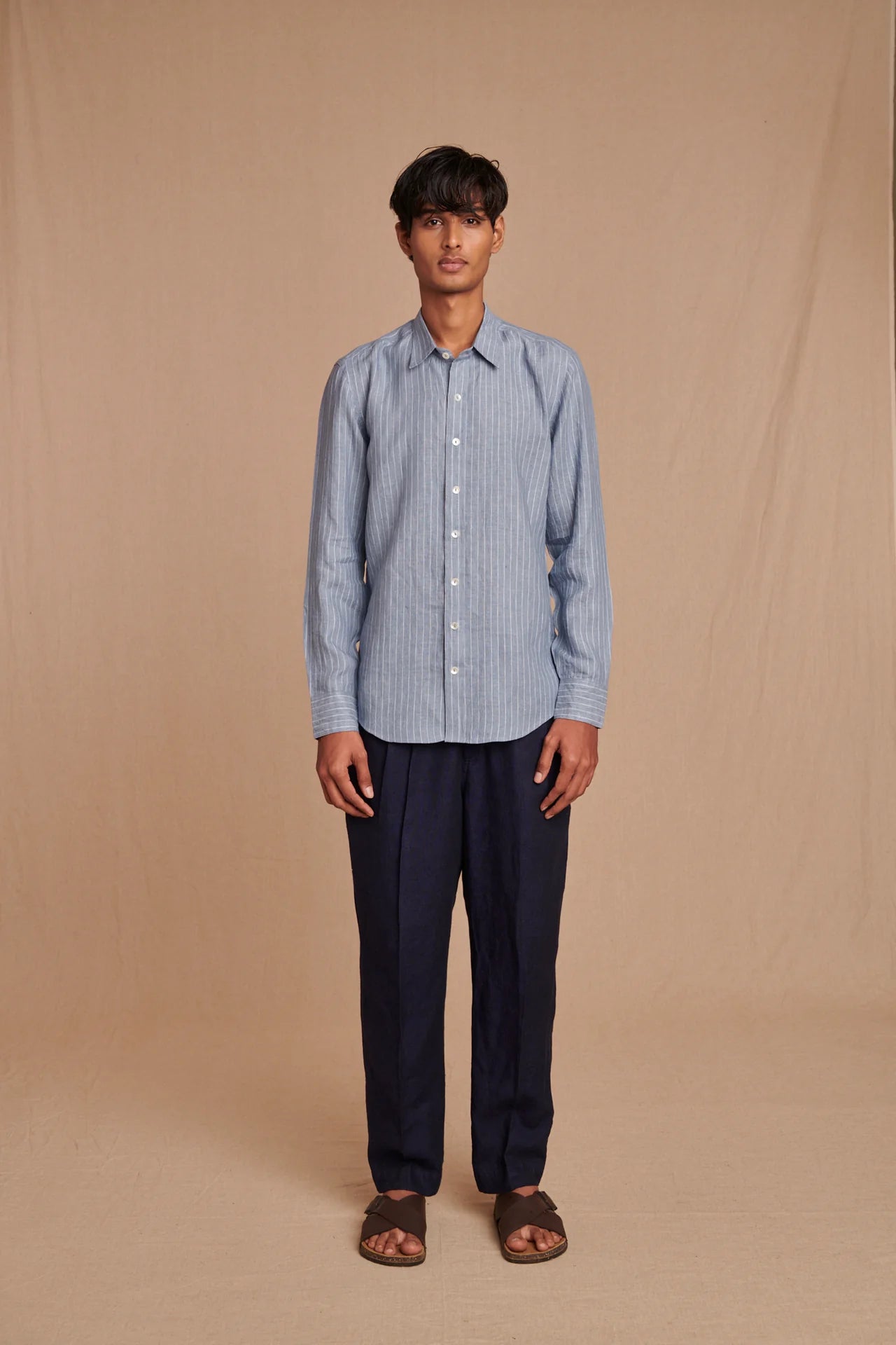 Sky Pinstripe Linen Men's Oxford Shirt - Slim Fit