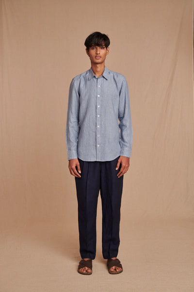 Sky Pinstripe Linen Men's Oxford Shirt - Slim Fit