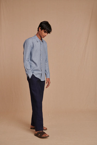 Sky Pinstripe Linen Men's Oxford Shirt - Slim Fit