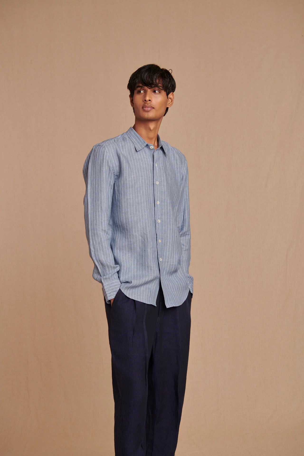 Sky Pinstripe Linen Men's Oxford Shirt - Slim Fit