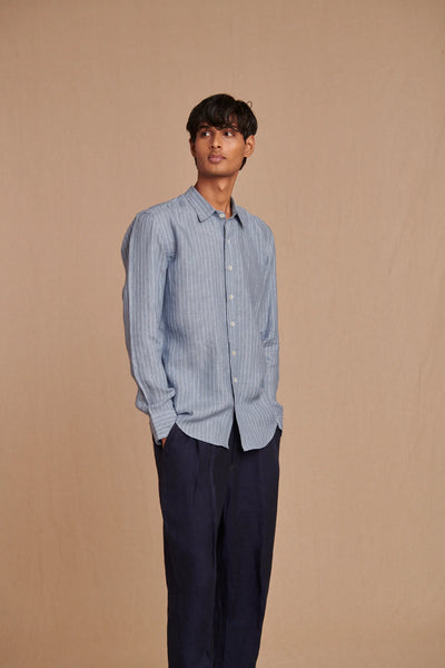 Sky Pinstripe Linen Men's Oxford Shirt - Slim Fit