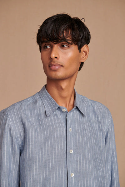 Sky Pinstripe Linen Men's Oxford Shirt - Slim Fit