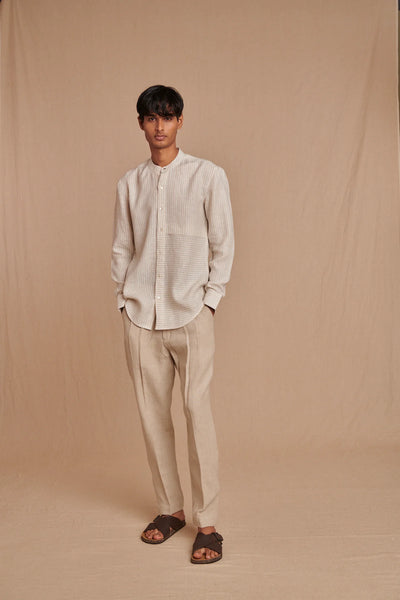 Undyed Pinstripe Linen Men's Band Collar Shirt - Slim Fit