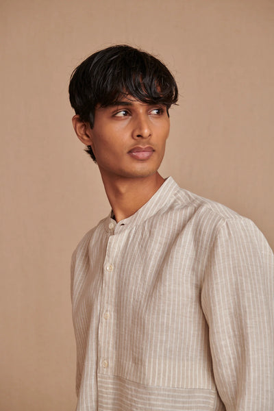 Undyed Pinstripe Linen Men's Band Collar Shirt - Slim Fit