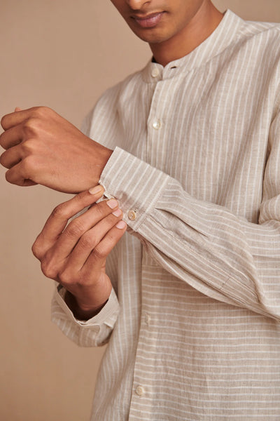 Undyed Pinstripe Linen Men's Band Collar Shirt - Slim Fit