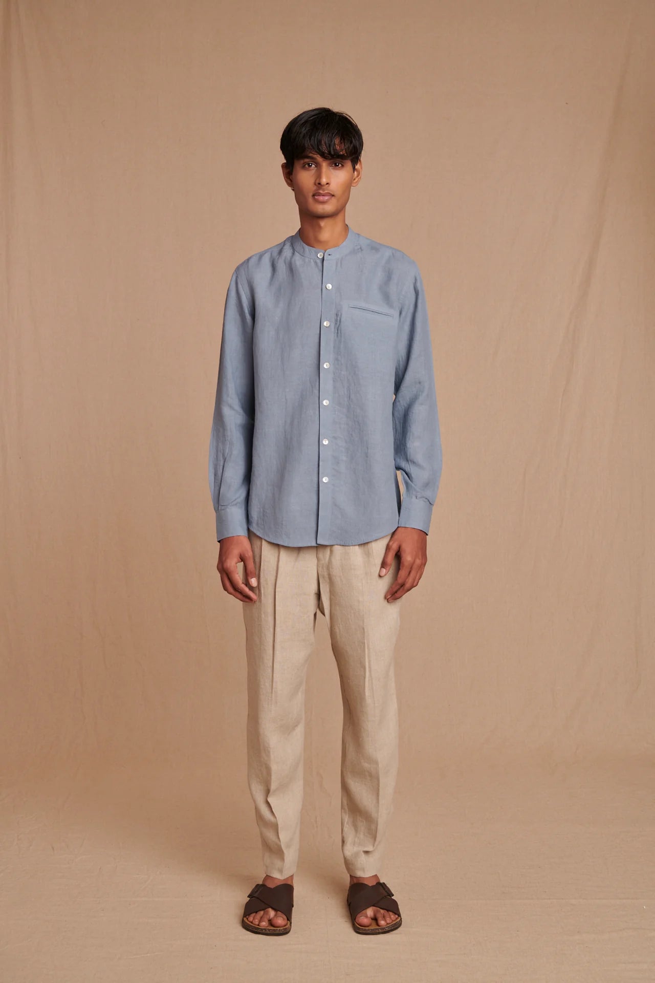 Sky Linen Men's Band Collar Shirt - Slim Fit