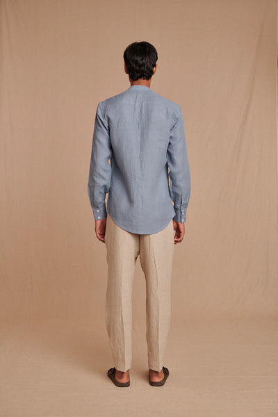 Sky Linen Men's Band Collar Shirt - Slim Fit
