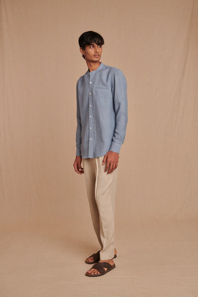 Sky Linen Men's Band Collar Shirt - Slim Fit