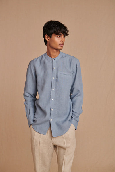 Sky Linen Men's Band Collar Shirt - Slim Fit