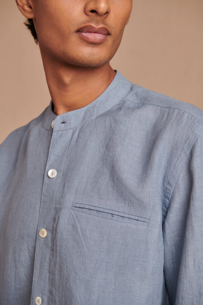 Sky Linen Men's Band Collar Shirt - Slim Fit