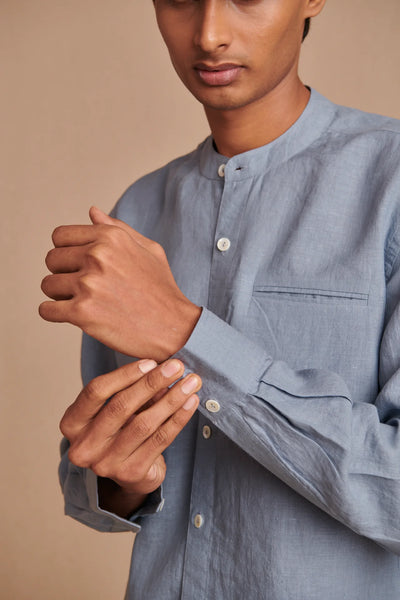 Sky Linen Men's Band Collar Shirt - Slim Fit