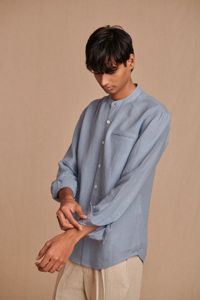 Sky Linen Men's Band Collar Shirt - Slim Fit