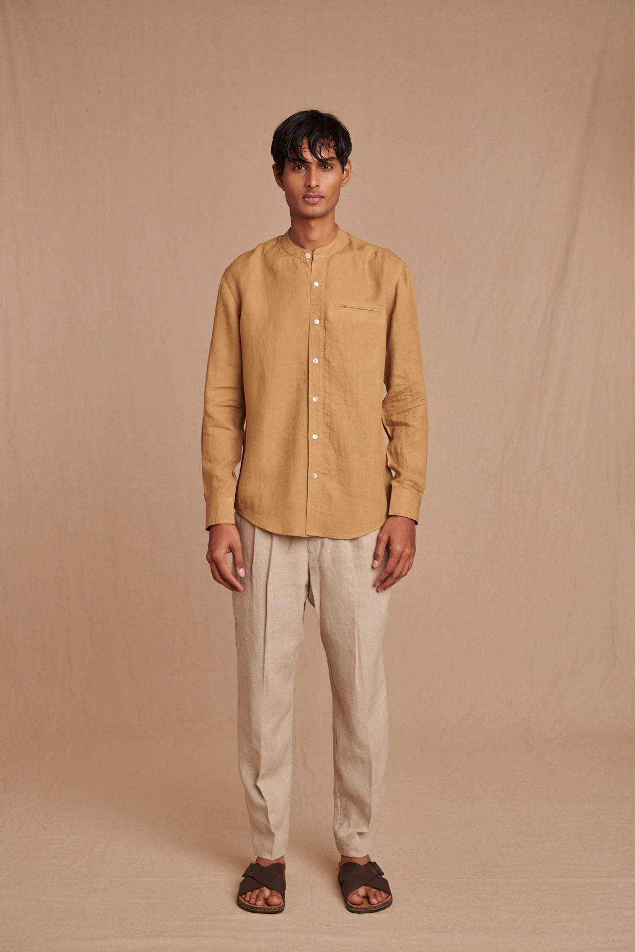 Husk Linen Men's Band Collar Shirt - Slim Fit