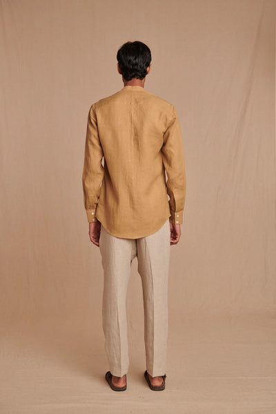Husk Linen Men's Band Collar Shirt - Slim Fit
