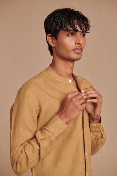 Husk Linen Men's Band Collar Shirt - Slim Fit
