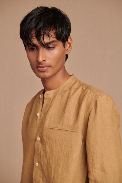 Husk Linen Men's Band Collar Shirt - Slim Fit