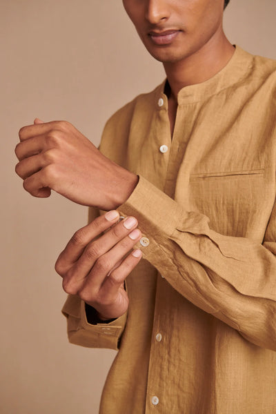 Husk Linen Men's Band Collar Shirt - Slim Fit