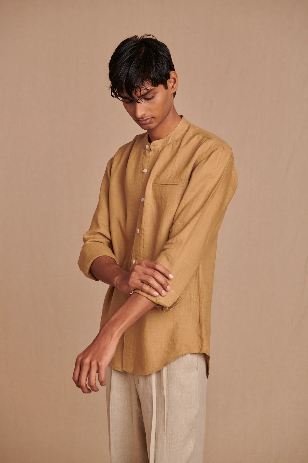 Husk Linen Men's Band Collar Shirt - Slim Fit