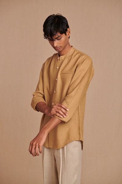Husk Linen Men's Band Collar Shirt - Slim Fit