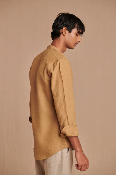 Husk Linen Men's Band Collar Shirt - Slim Fit