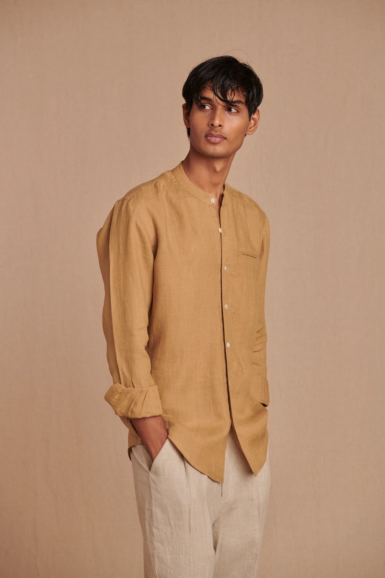 Husk Linen Men's Band Collar Shirt - Slim Fit