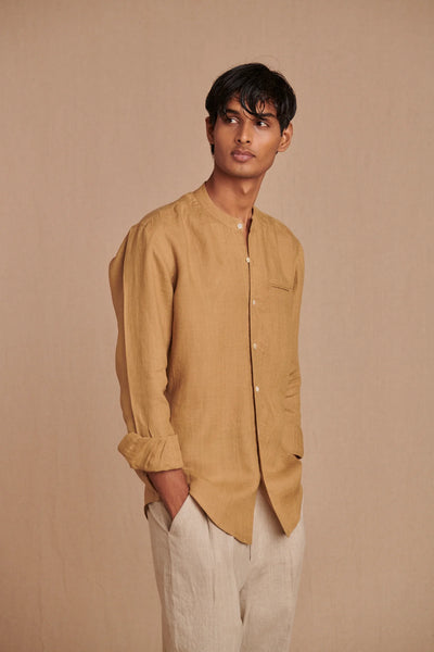 Husk Linen Men's Band Collar Shirt - Slim Fit