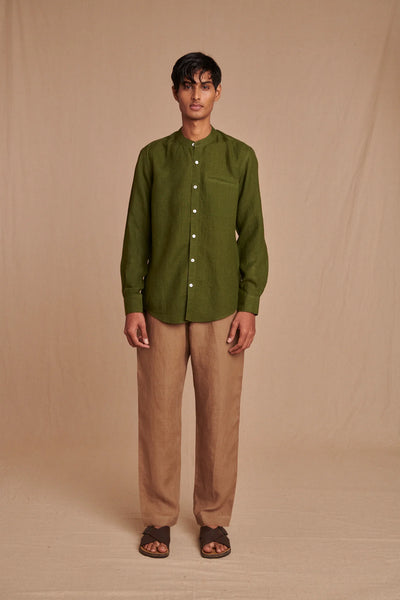 Safari Linen Men's Band Collar Shirt - Slim Fit
