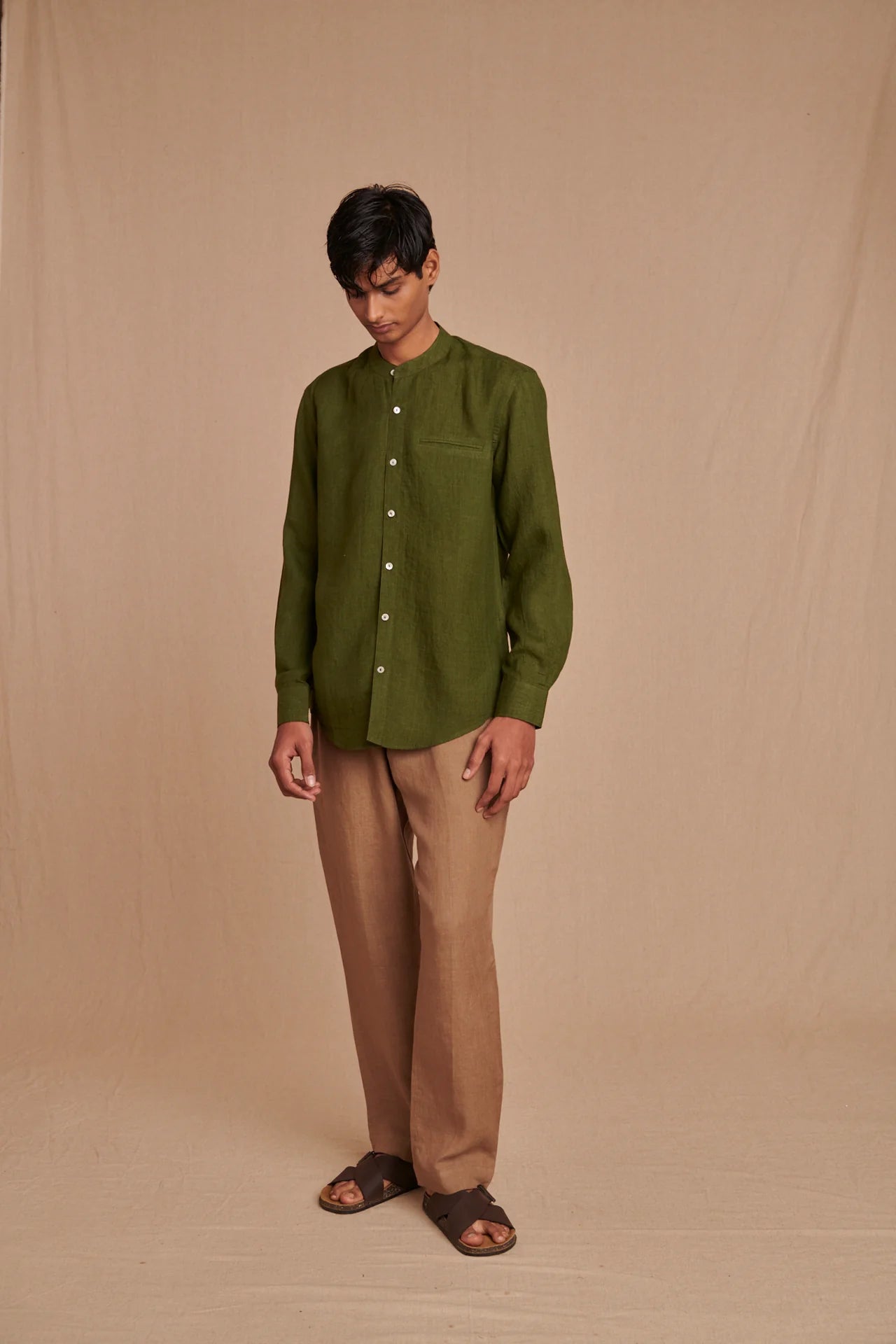 Safari Linen Men's Band Collar Shirt - Slim Fit
