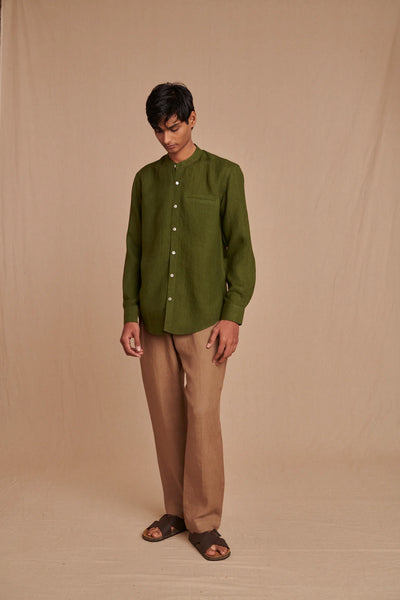 Safari Linen Men's Band Collar Shirt - Slim Fit