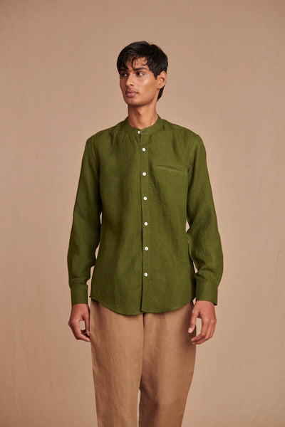 Safari Linen Men's Band Collar Shirt - Slim Fit