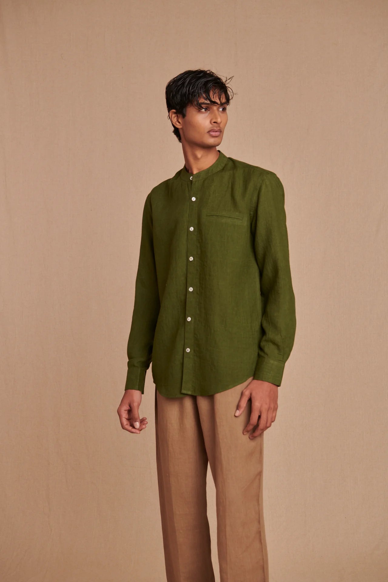 Safari Linen Men's Band Collar Shirt - Slim Fit