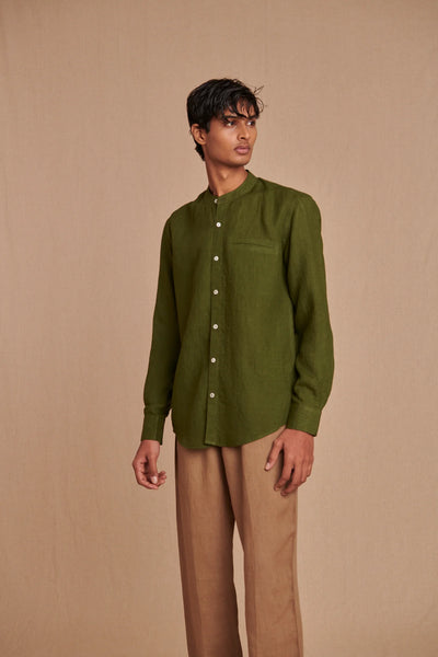 Safari Linen Men's Band Collar Shirt - Slim Fit