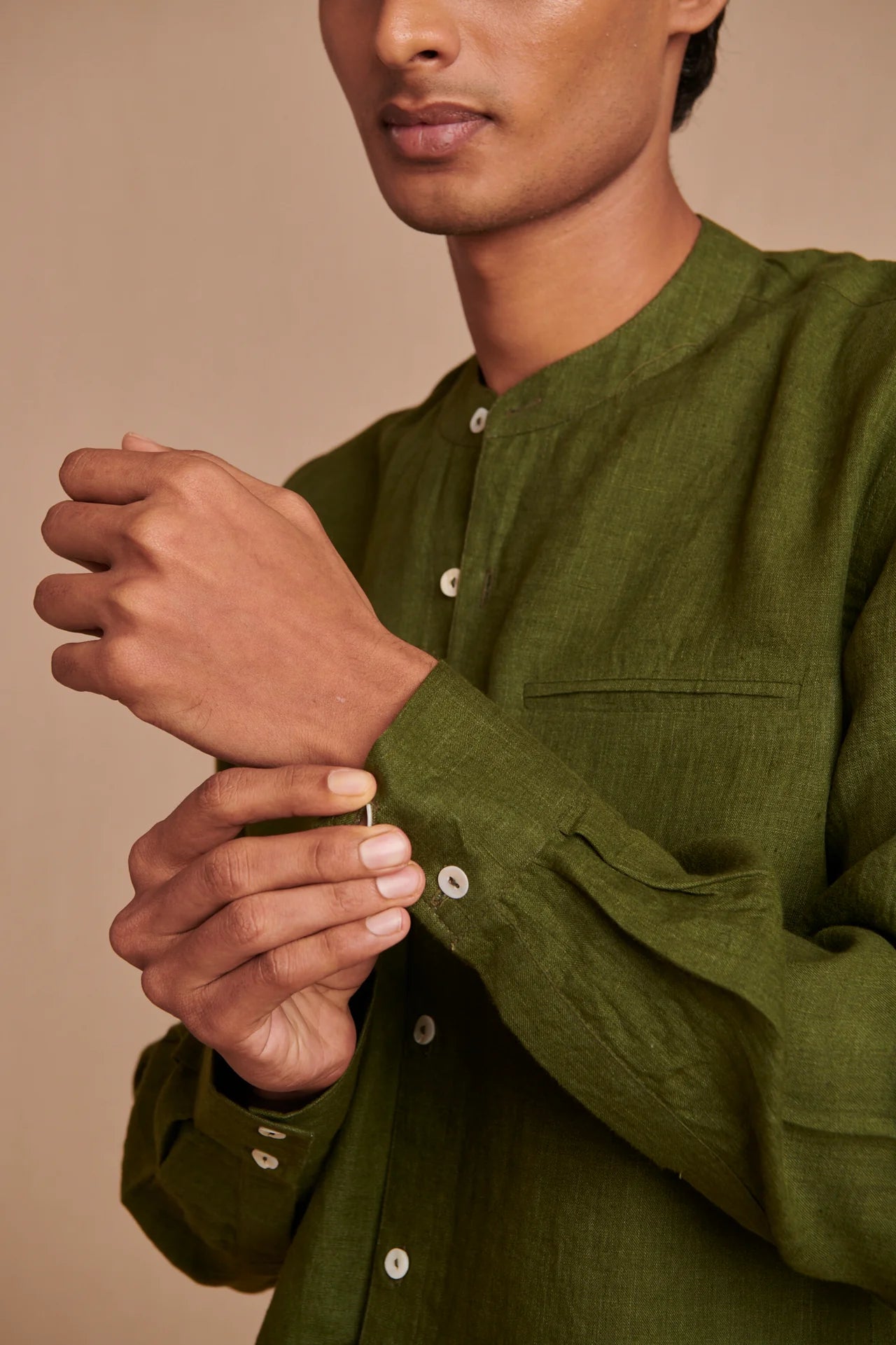 Safari Linen Men's Band Collar Shirt - Slim Fit