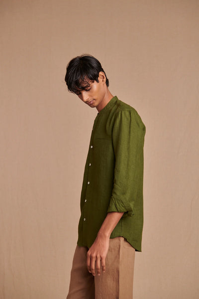 Safari Linen Men's Band Collar Shirt - Slim Fit