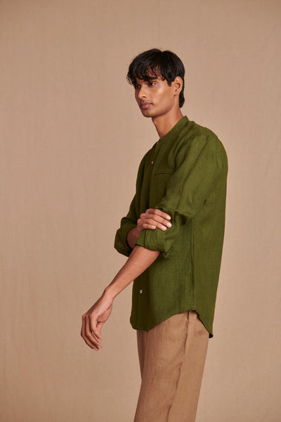 Safari Linen Men's Band Collar Shirt - Slim Fit