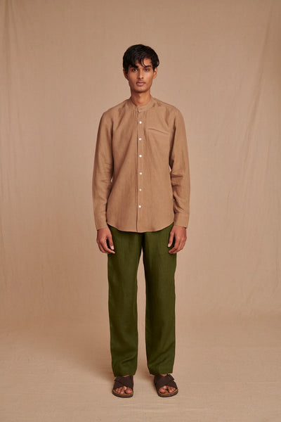 Mousse Linen Men's Band Collar Shirt - Slim Fit