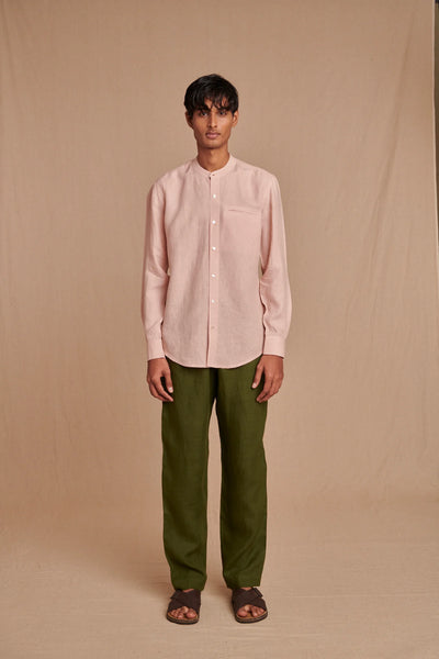 Blush Linen Men's Band Collar Shirt - Slim Fit