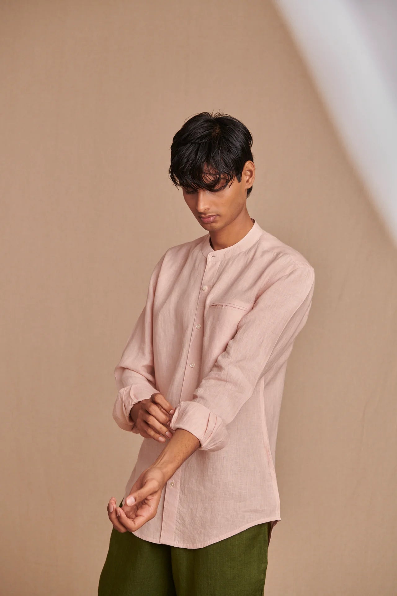 Blush Linen Men's Band Collar Shirt - Slim Fit