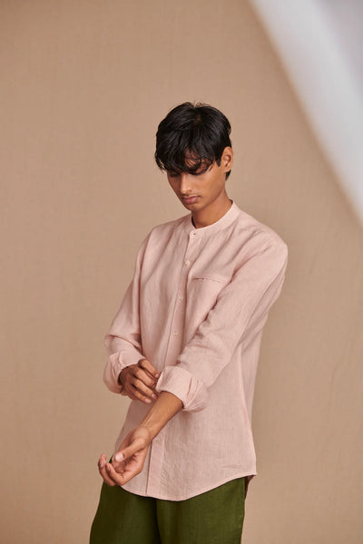 Blush Linen Men's Band Collar Shirt - Slim Fit